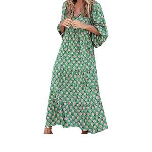 Bohemian Puff Sleeve Maxi Swing Dress Green Pink Floral Large Lightweight Party